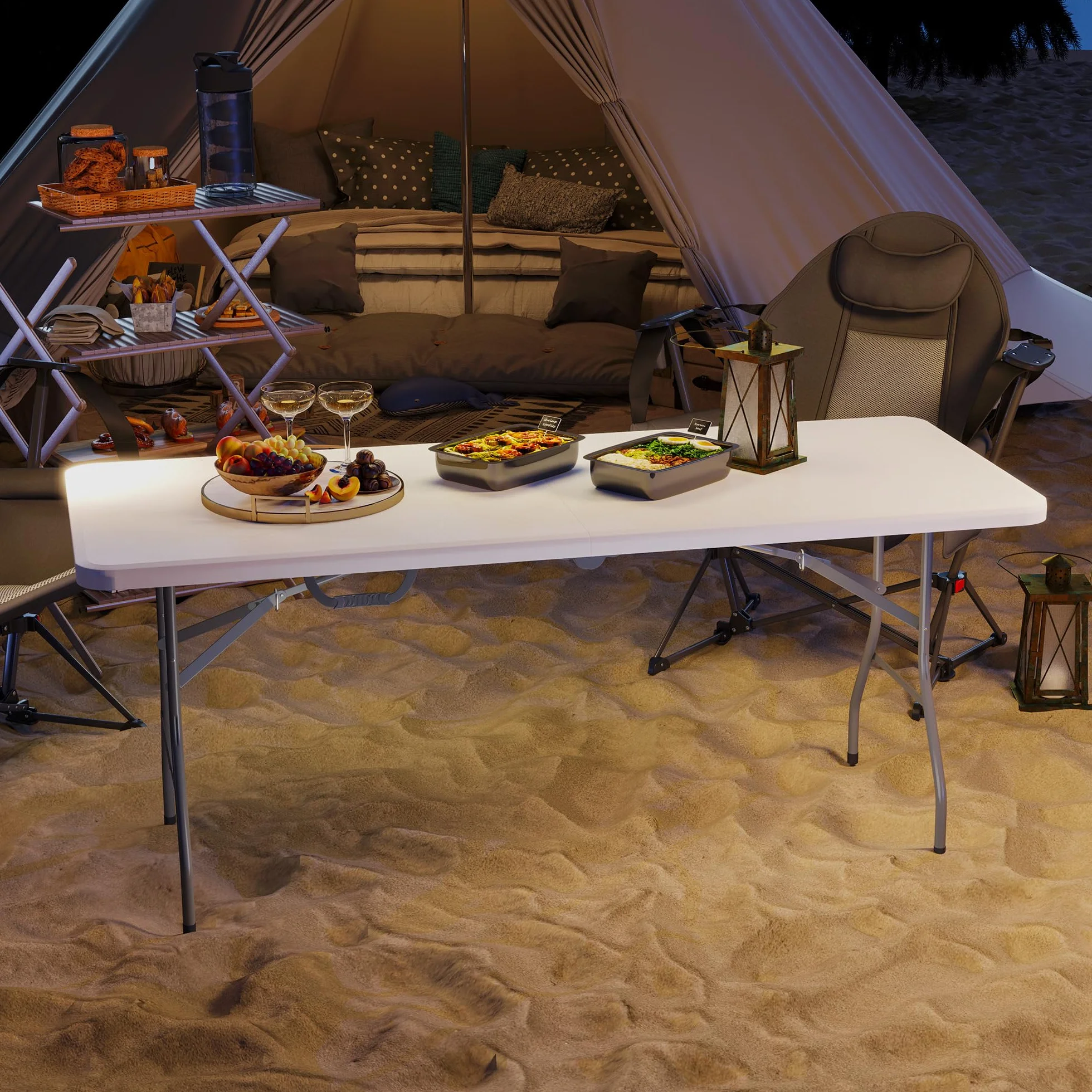 Outsunny Tavolo da Campeggio Pieghevole 180x74x74 cm Bianco, Tavolino da Esterno con Telaio in Metallo