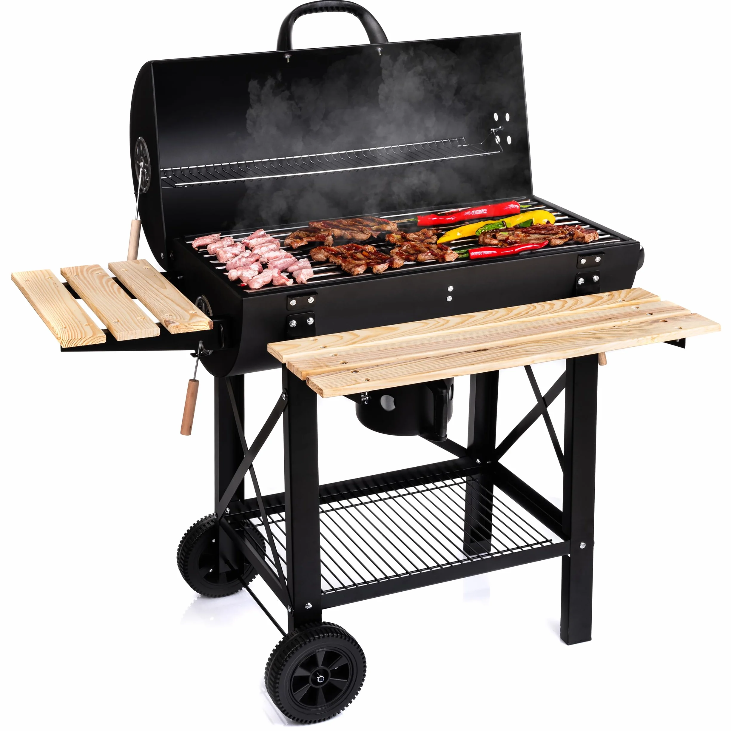 LEHMANN Barbecue a Carbonella con Griglia XL, Carrello Grill con Due Ripiani in Legno