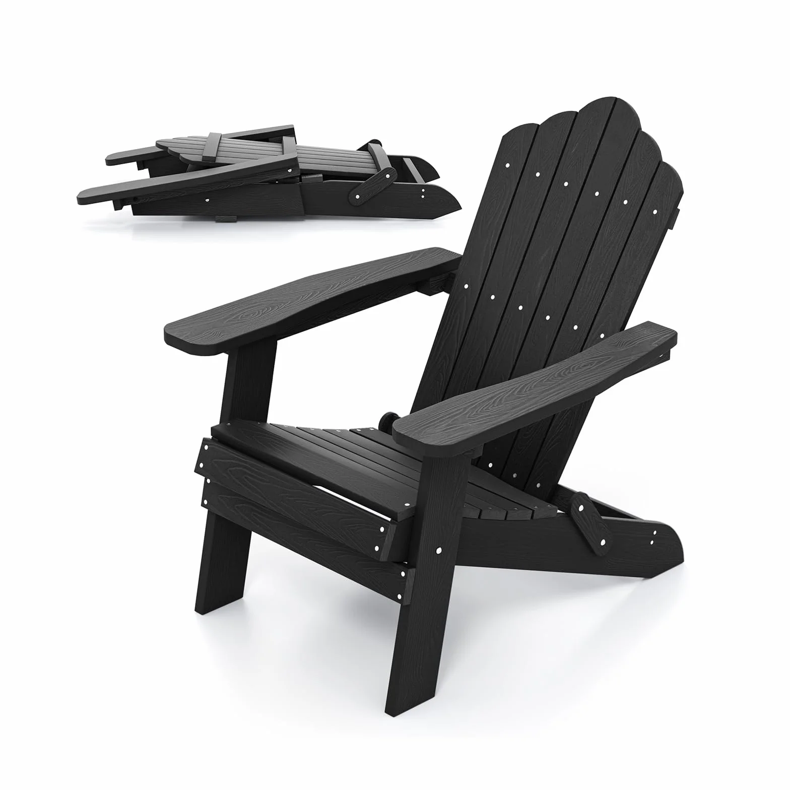 KOMFOTTEU Adirondack - Sedia pieghevole, sedia da giardino con schienale inclinato e braccioli larghi, poltrona ergonomica con carico di 180 kg, seduta esterna per balcone, terrazza (nero)