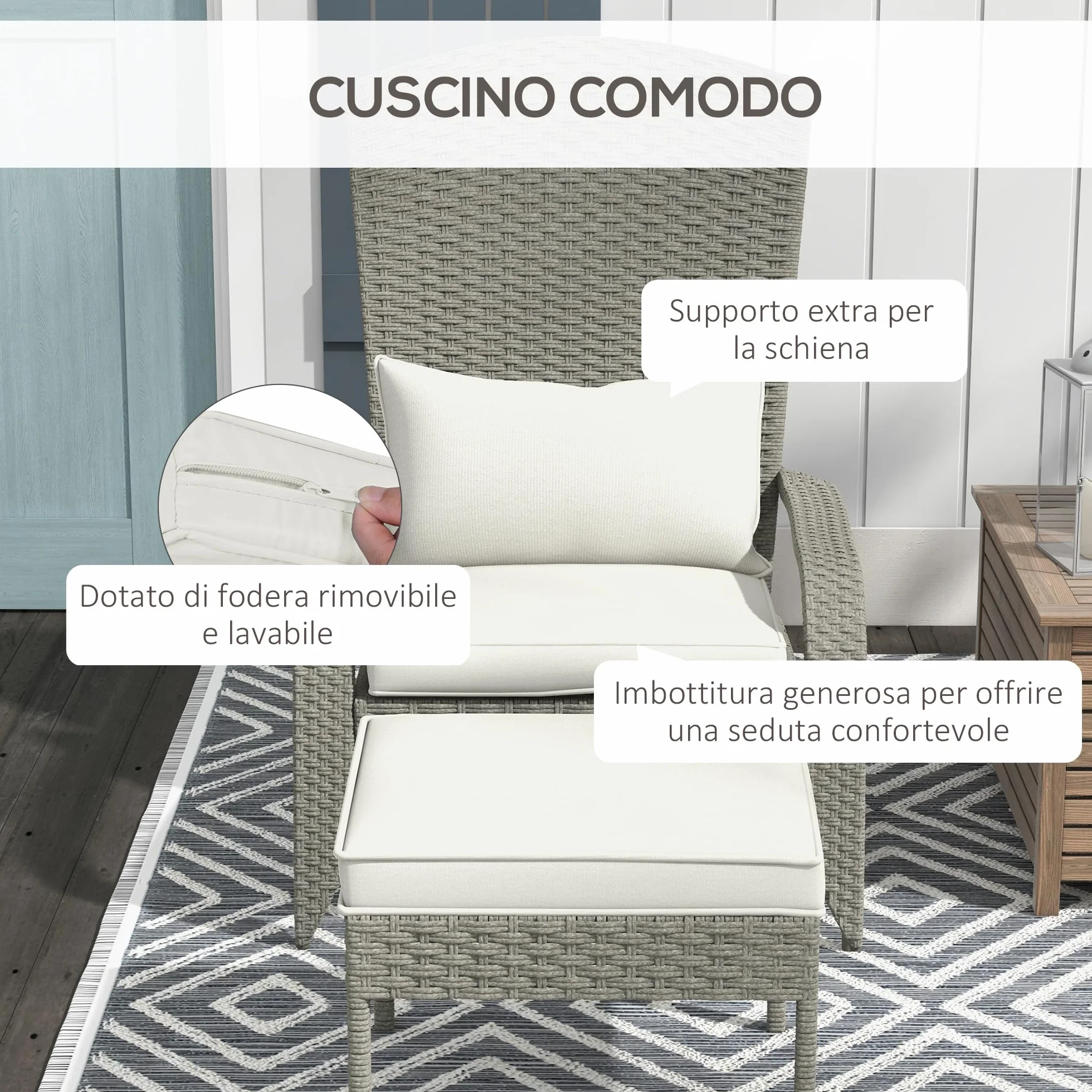Outsunny Sedia da Giardino con Poggiapiedi, Braccioli e Cuscini Imbottiti, Sedia Adironrack in Rattan e Acciaio, 64x82x89 cm, Grigio e Bianco Crema