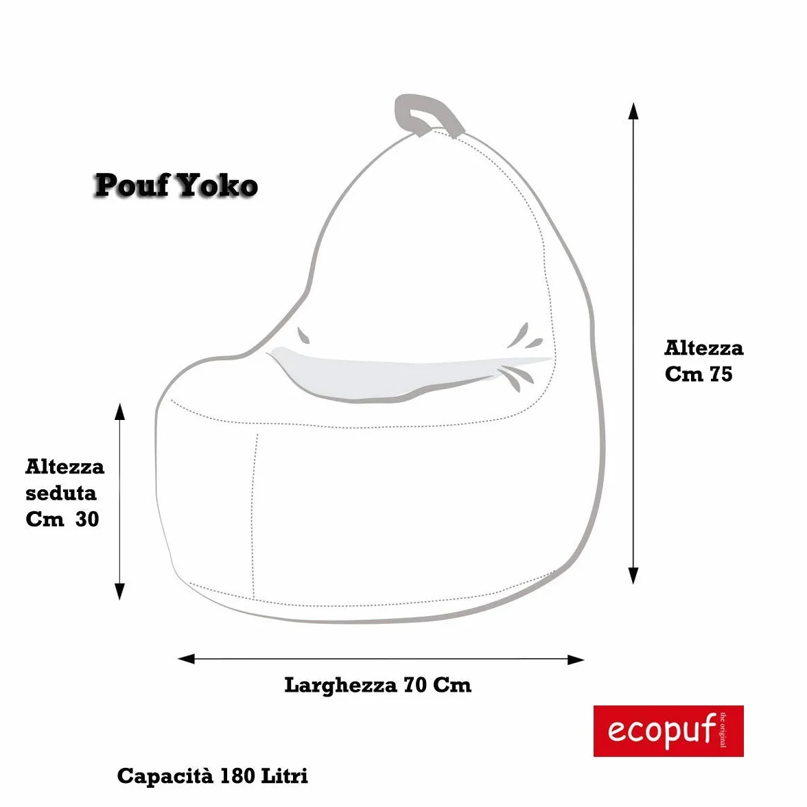 Ecopuf Yoko Pouf a Sacco Seduta Alta con Maniglia Poltrona Sacco in Poliestere Impermeabile da Esterno 70x75 cm