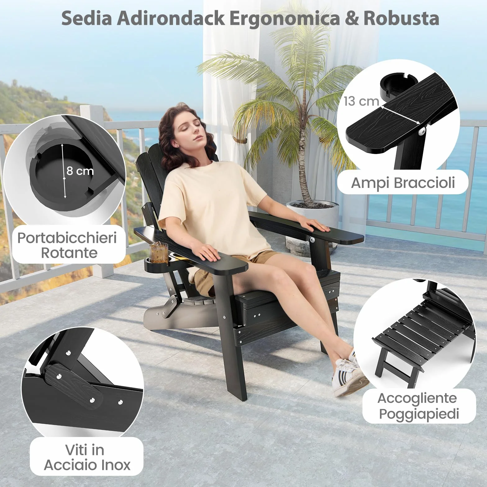 RELAX4LIFE Sedia Adirondack Esterno Pieghevole Schienale Regolabile Poggiapiedi Retrattile Portabicchiere