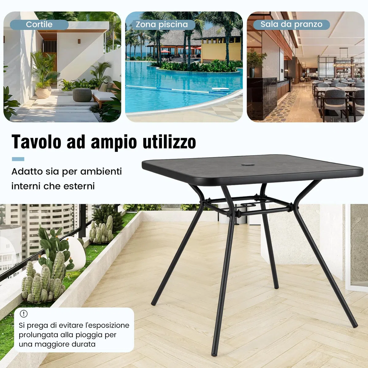 RELAX4LIFE Tavolo da Giardino 80x80x73cm SPC Metallo Foro Ombrellone φ4cm Portata 100KG