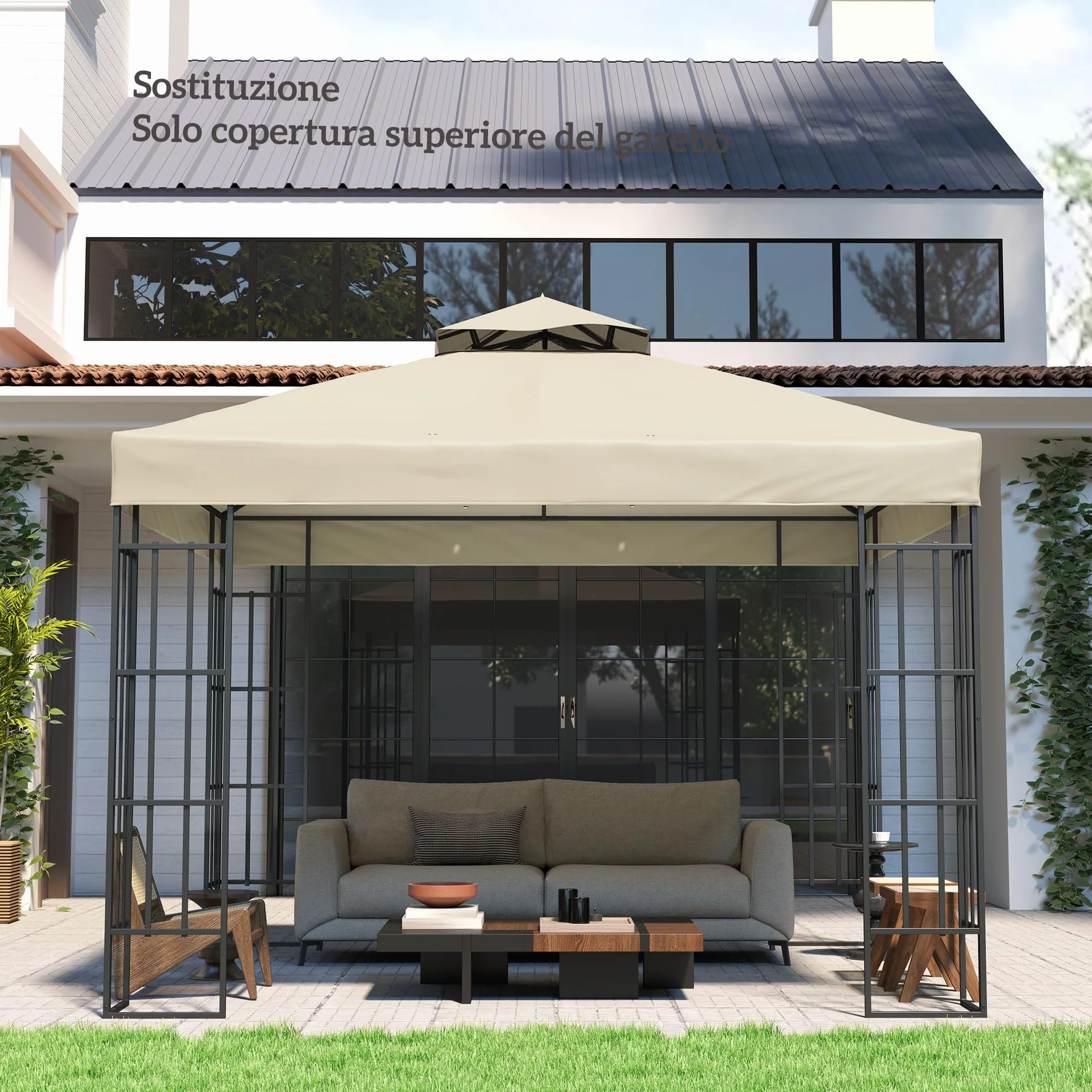 Outsunny Tetto di Ricambio per Gazebo 3x3 m 2 Livelli, Telo Copertura Resistente all'Acqua in Tessuto Oxford 370g/㎡ Anti-UV 30+ con Fori di Drenaggio, Crema