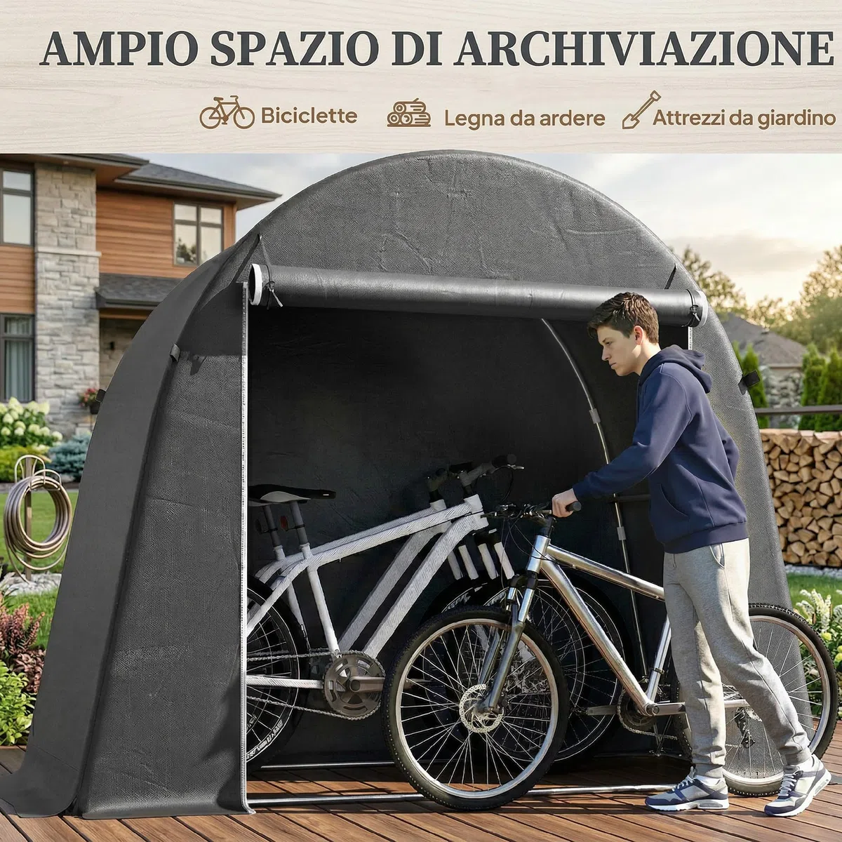 Outsunny Tenda Garage per Biciclette da Esterno Impermeabile 245x120x200 cm Capanno da Giardino con Ingresso con Zip per Attrezzi in Metallo Zincato e Tessuto PE Grigio Scuro