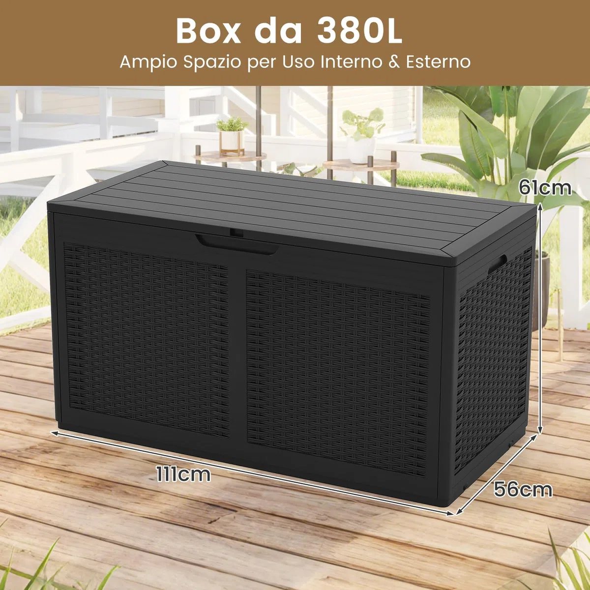 COSTWAY Baule da Esterno 380 L, Cassapanca Contenitore Impermeabile in Effetto Rattan con Coperchio Bloccabile e Ruote, Baule Salvaspazio per Mantenere Cuscini e Attrezzi da Interno e Esterno (Nero)