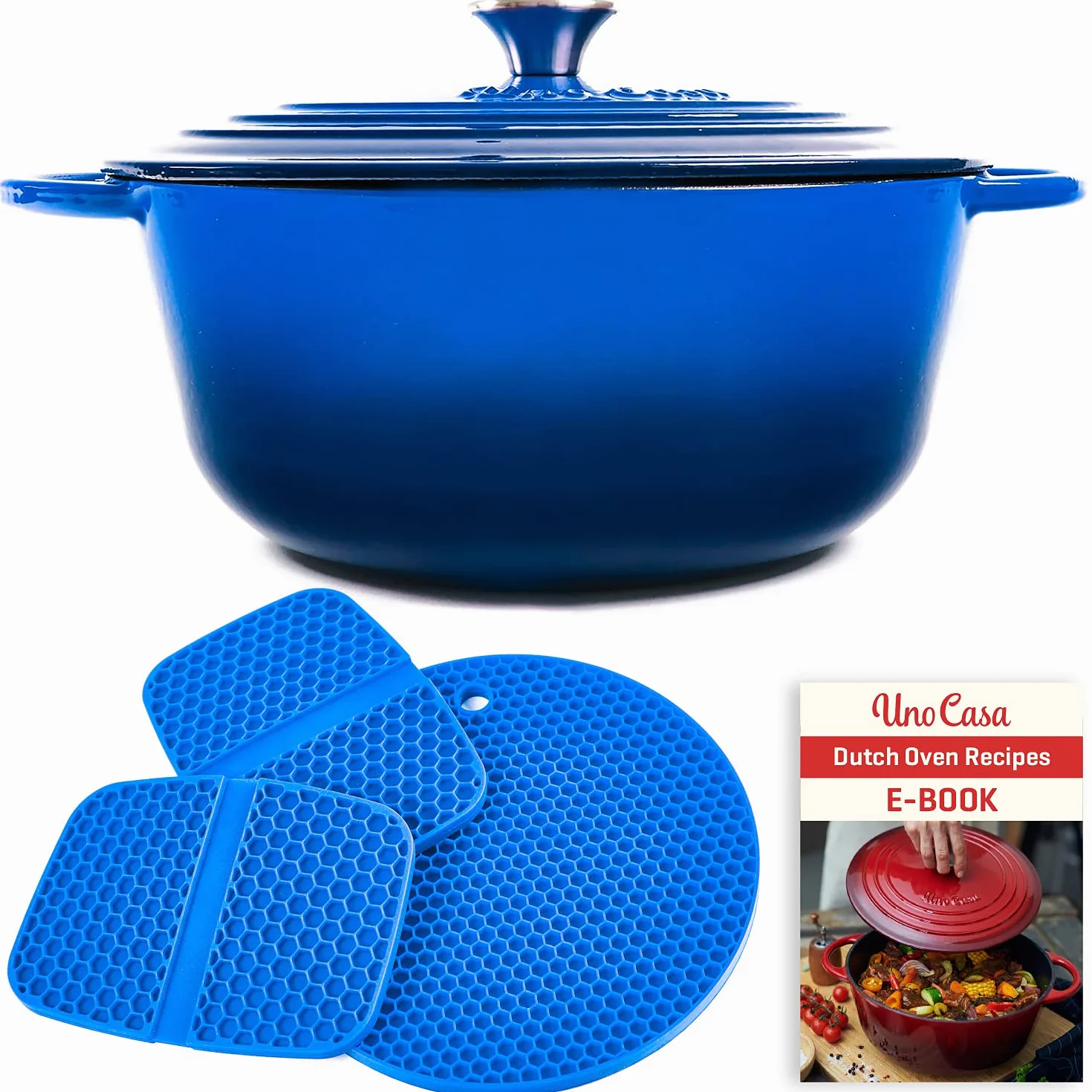 Uno Casa Pentola Forno Olandese in Ghisa Smaltata 5,6 litri Blu con Presine e Sottopentola in Silicone