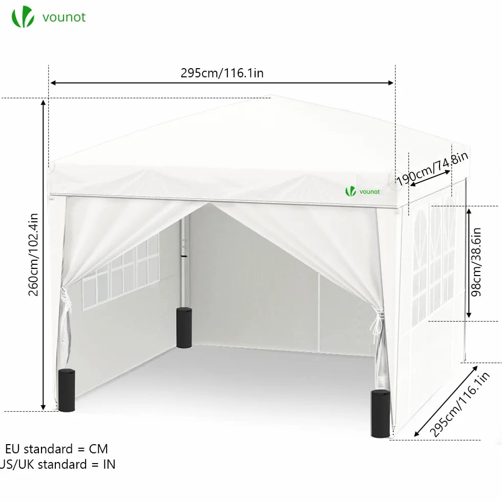 VOUNOT® Gazebo 3x3m Pieghevole con 4 Parti Laterali, Bianco