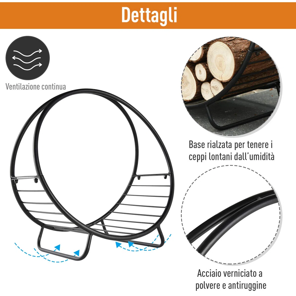 Outsunny Portalegna in Metallo per Camino, Porta Legna a Cesto, 45x29.5x47cm, Nero
