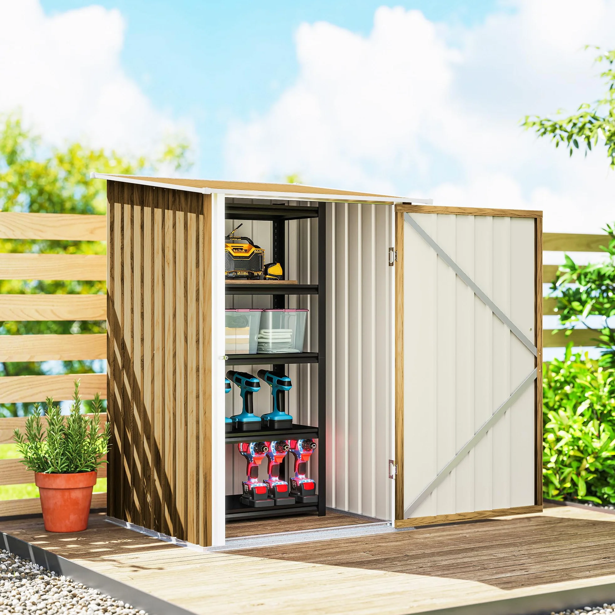 Outsunny Casetta da Giardino 0.92m² Acciaio Zincato 100x104x160 cm Marrone Chiaro Effetto Legno