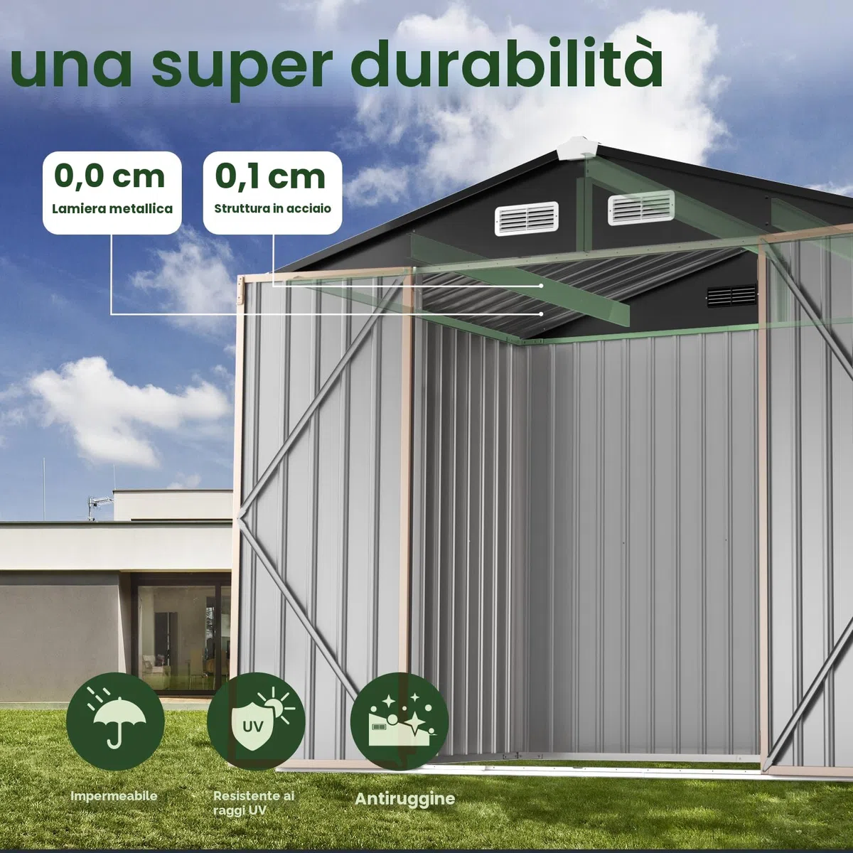 GVDV Casetta da Giardino in Metallo 236 × 171 × 197 cm, Armadio da Esterno Impermeabile con Serratura e Sistema di Ventilazione per Biciclette, Utensili e Tosaerba – per Giardino, Terrazza e Cortile