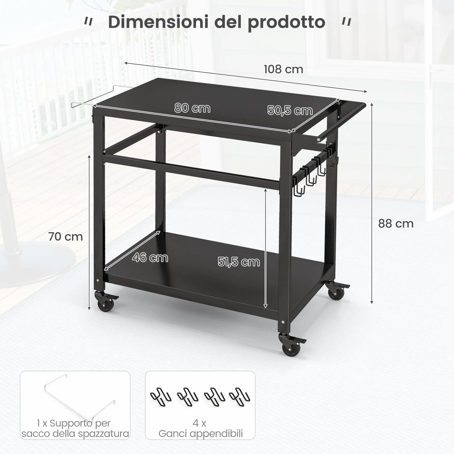 COSTWAY Carrello Barbecue da Esterno in Metallo con 2 Ripiani, 4 Ruote Bloccabili, Ganci, Maniglia Laterale