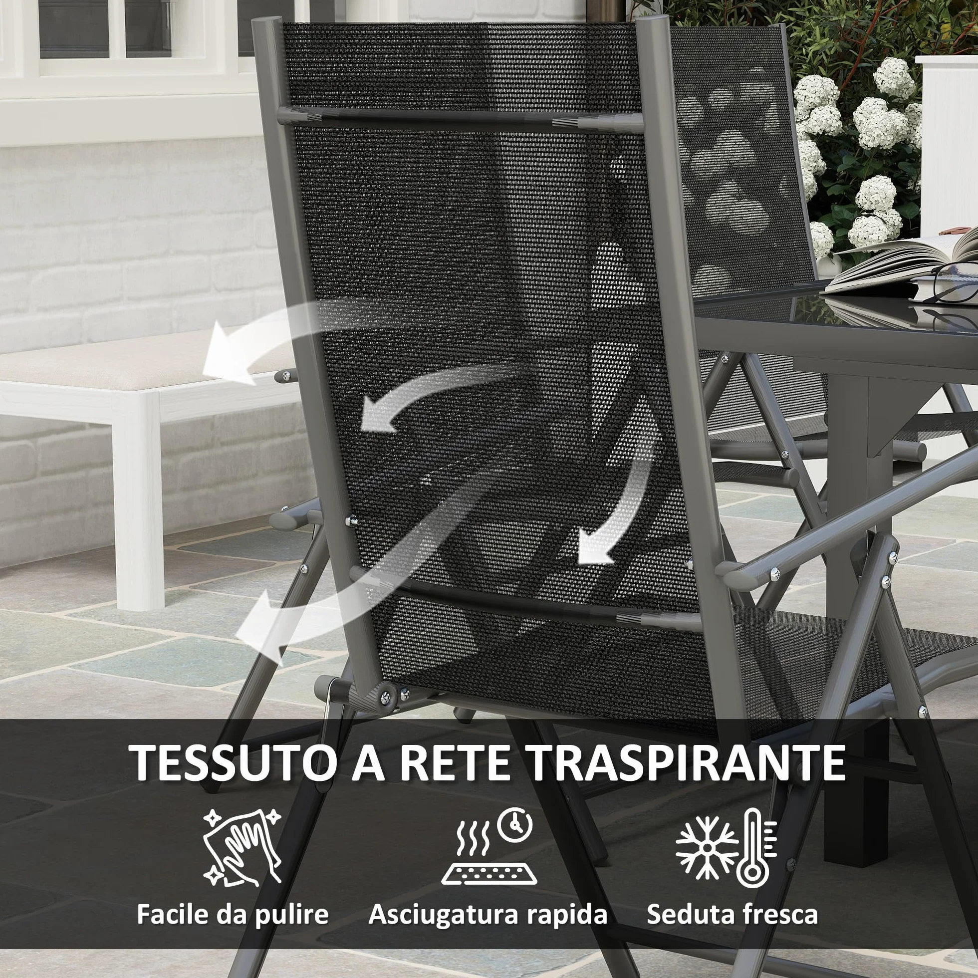 Outsunny Set Tavolo e Sedie da Esterno 7 Pezzi, Tavolo Allungabile con Piano in Vetro, 6 Sedie Pieghevoli con Braccioli, Acciaio e Textilene, Grigio