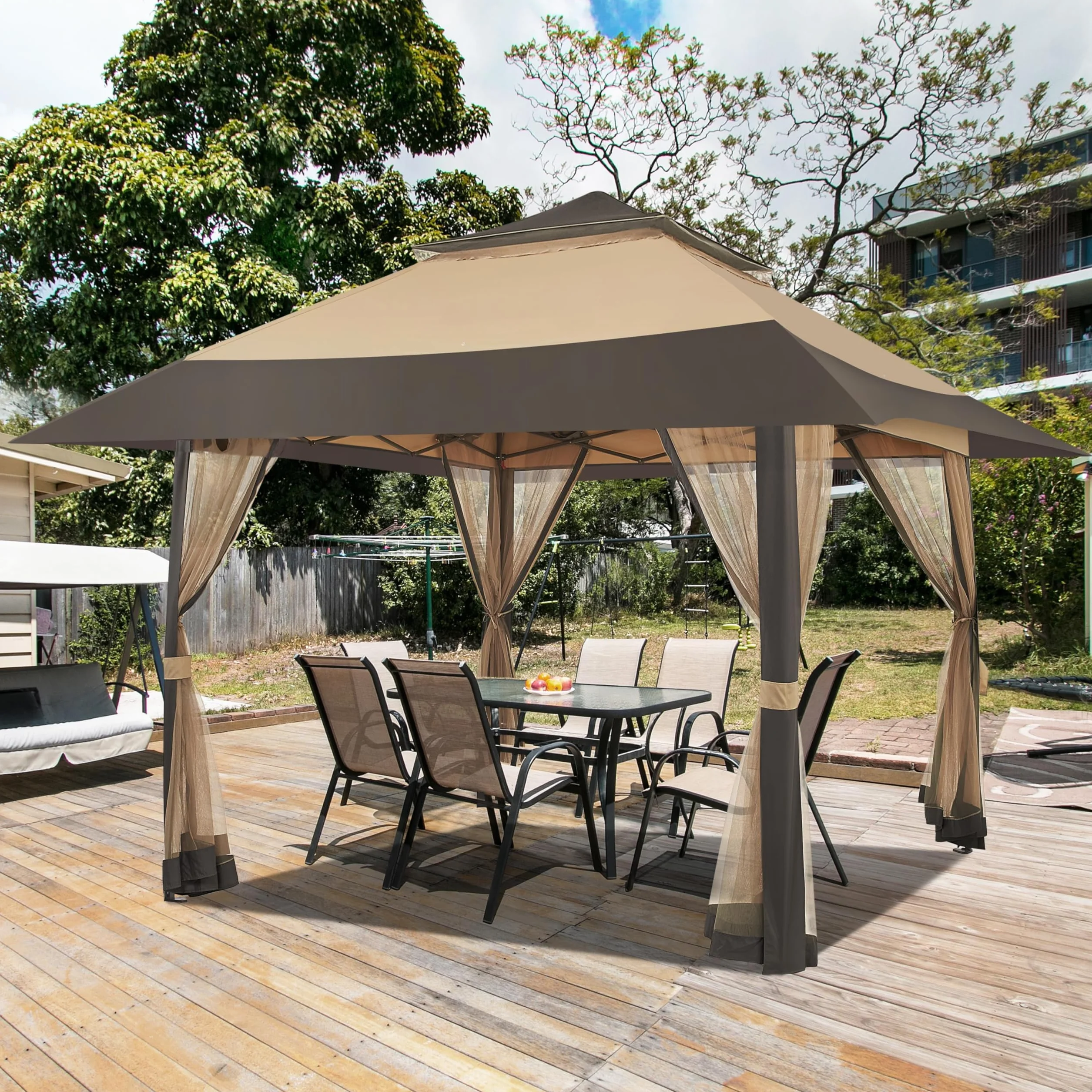 Yaheetech Gazebo da Giardino 4x4 m con Zanzariera Struttura in Metallo Doppio Tetto Kaki