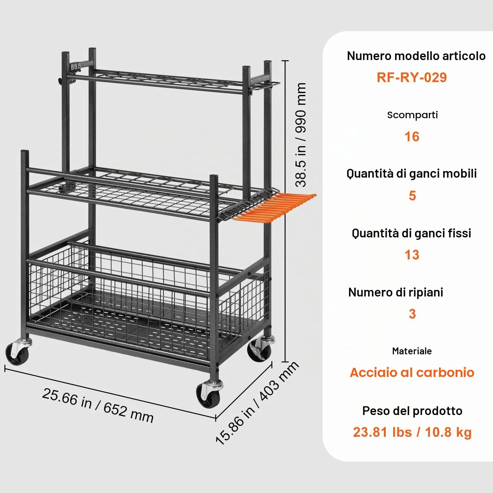 VEVOR Porta Attrezzi da Giardino 16 Slot Ganci, Organizzazione Stoccaggio in Metallo PP con Ruote per Garage Officina