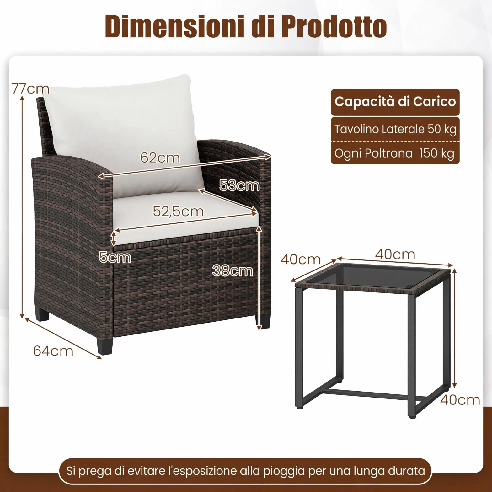 COSTWAY Set Mobili da Giardino 3 Pezzi, Salotto da Esterno in Rattan PE con Cuscini Sfoderabili, Tavolino in Vetro Temperato Beige