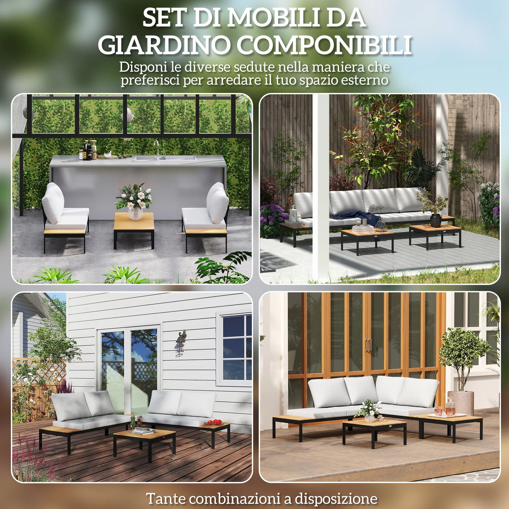 Outsunny Set Salotto da Giardino 4 Pezzi, 2 Divanetto 2 Posti, 2 Tavolini Caffè Quadrati, Legno e Cuscini Sfoderabili, Metallo e Legno Composito, Teak