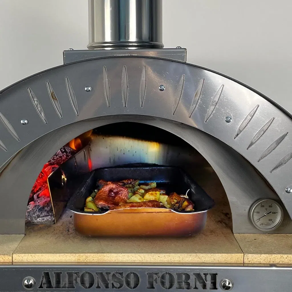 Forno a legna Alfonso 4 PIZZE da esterno acciaio con mattoni refrattari 3 cm pirometro 500°C