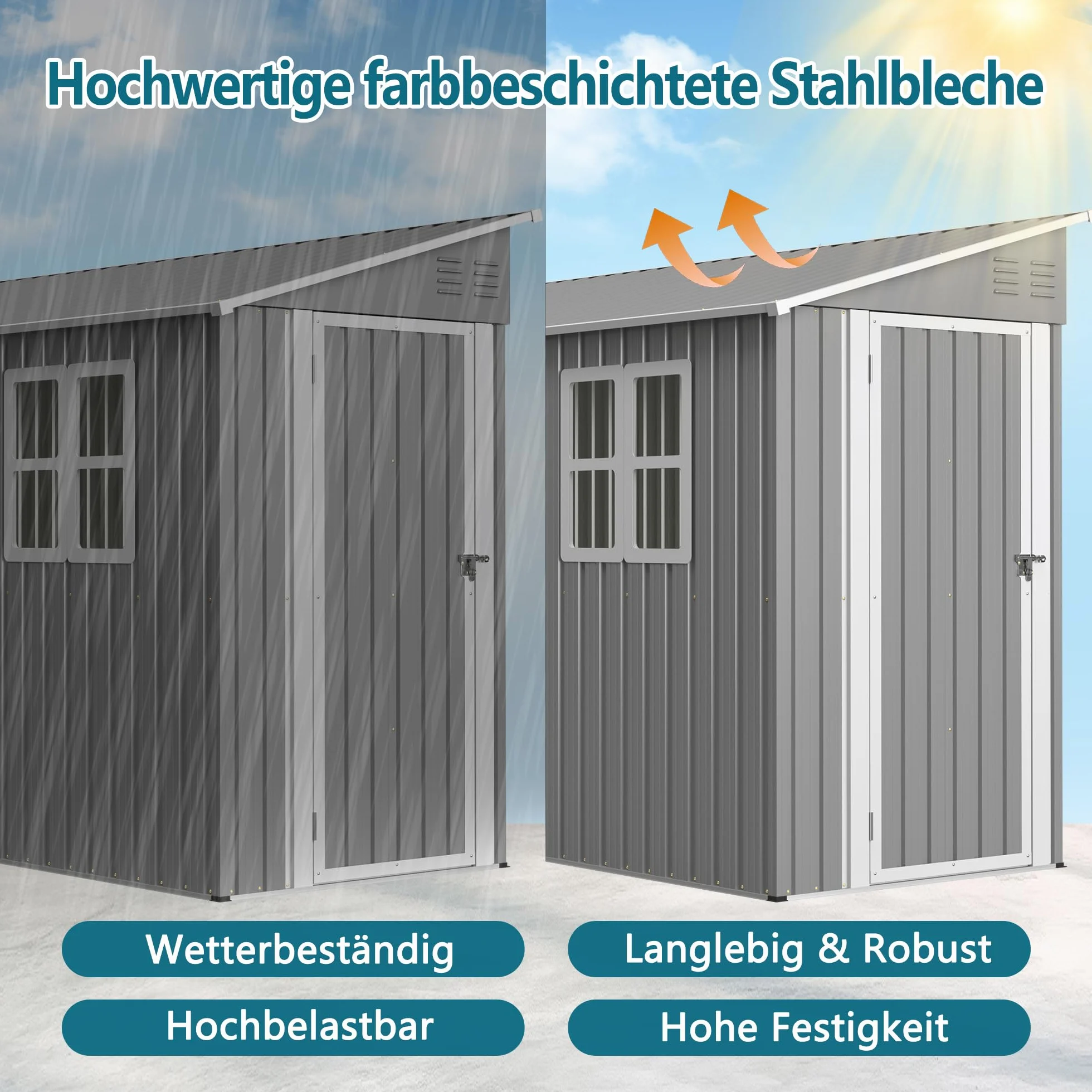 Robusta casetta da giardino in metallo, 1,2 x 3 m, con struttura in acciaio, resistente alle intemperie e sicura, grigio (grigio, 291 x 110,8 x 188,6 cm)