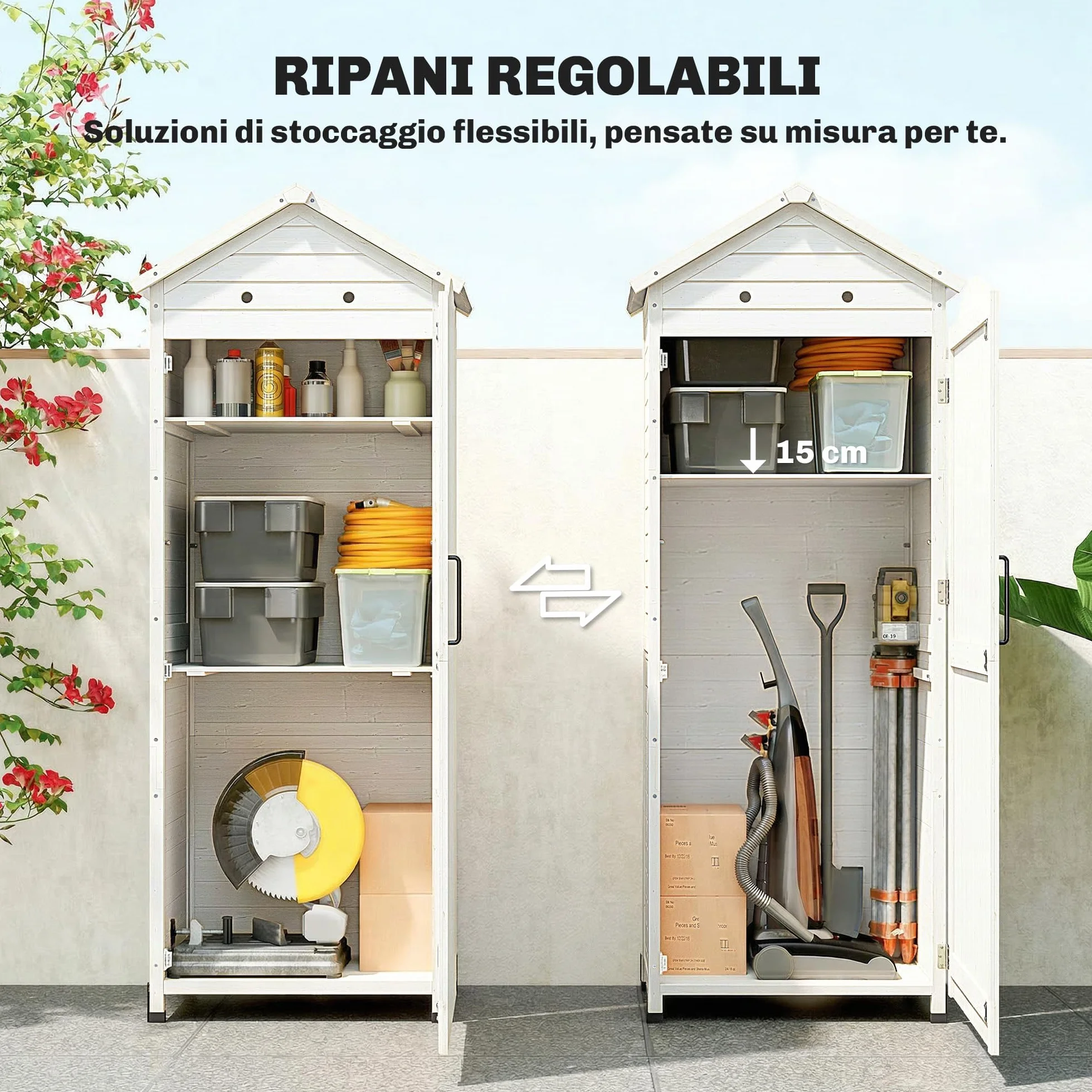 Outsunny Armadio da Giardino in Legno Alto, Casetta Porta Attrezzi da Esterno con Tetto Inclinato Zincato, Ripiani Regolabili, Prese d'Aria, Kit Antiribaltamento, 85x58x213cm, Finitura Goffrata Bianco