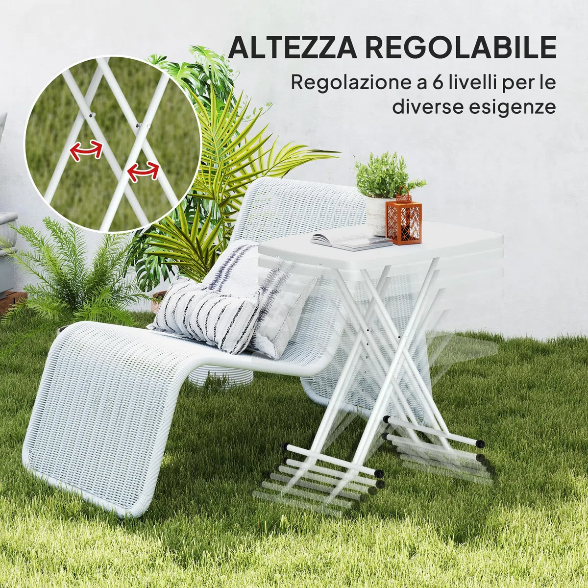 Outsunny Tavolino da Giardino Pieghevole Altezza Regolabile HDPE Metallo 76x50x74 cm Bianco