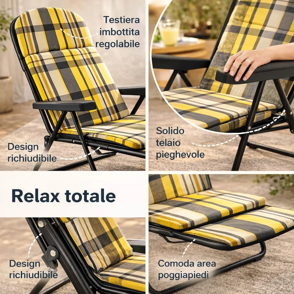 MA MAISON Sdraio Reclinabile Imbottita 166X60X63 cm - 6 Posizioni, con Prolunga Estraibile, Braccioli Ergonomici, Struttura in Acciaio, per Interno, Esterno - Made in Italy RIGHE GIALLO