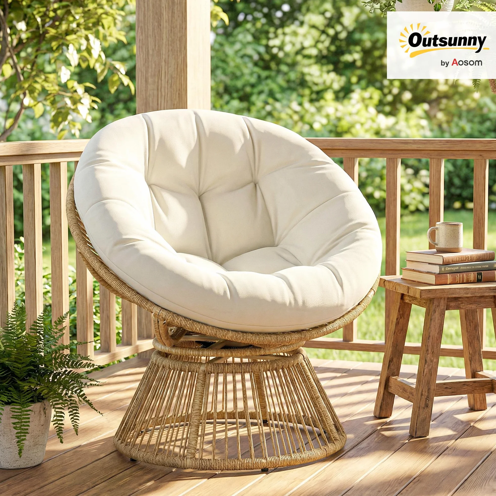 Outsunny Poltrona Papasan in Rattan Girevole a 360°, Poltrona da Giardino Girevole con Cuscino Oversize da 110 cm e Struttura in Acciaio, per Interni ed Esterni, Bianco Crema