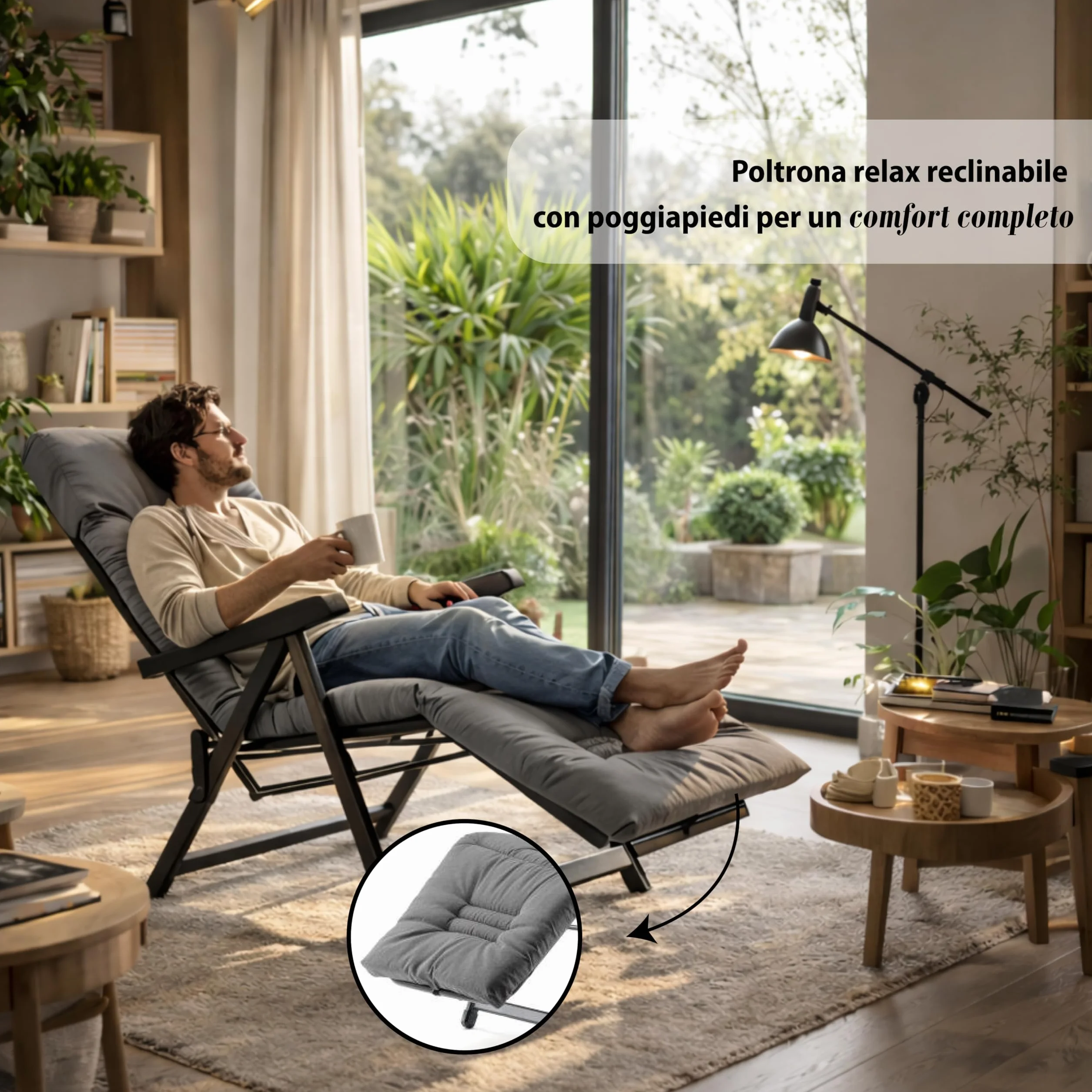 Sdraio Reclinabile Imbottita 154x60x65 cm 6 Posizioni Prolunga Estendibile Braccioli Ergonomici Struttura Acciaio Grigio Made in Italy