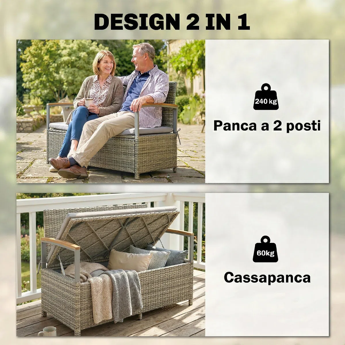 Outsunny Cassapanca Contenitore da Esterno in Rattan PE 170L, Panca Contenitore da Esterno 2 Posti con Braccioli in Legno di Acacia, Cuscino Lavabile, Fodera con Cerniera, Pistone a Gas, Grigio Chiaro