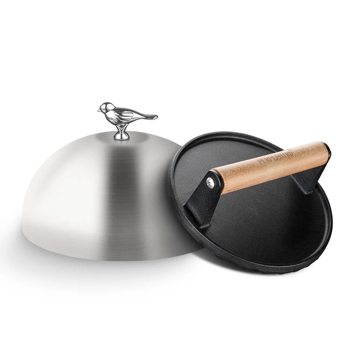 PURPLEBIRD Griddle - Set di accessori per hamburger in acciaio inox (7,87 pollici), con pesanti, in ghisa (6,97 pollici), campana per fusione e pressa per hamburger, per barbecue a gas, teppanyaki,