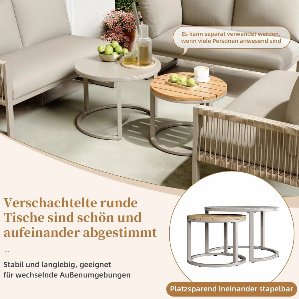 Set salotto da giardino, set di mobili per 6-7 persone, divano angolare con struttura in ferro zincato, gambe regolabili, compresi tutti i cuscini di seduta e schienale, beige