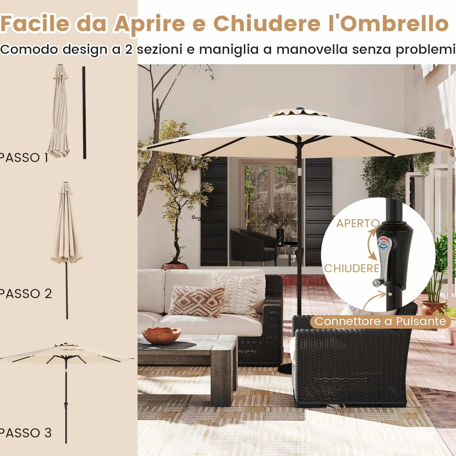 COSTWAY Ombrellone da Giardino 290 cm con Inclinazione Regolabile, 8 Stecche Manovella per Spiaggia Piscina Cortile Beige