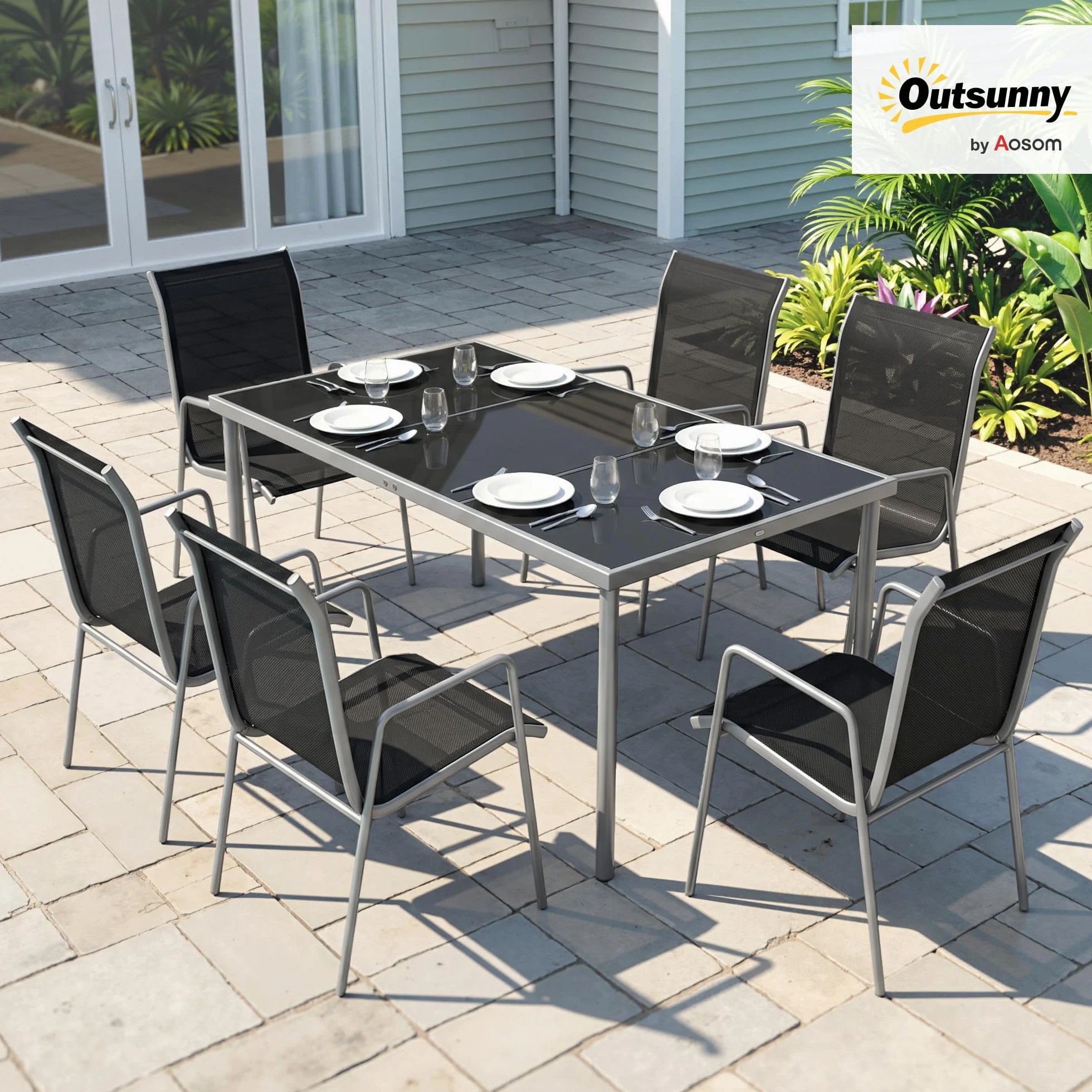 Outsunny Set Tavolo e Sedie da Giardino 7 Pezzi, Pranzo Esterno con 6 Sedie Impilabili in Texteline, Tavolo in Vetro Temperato, Metallo, Argento e Nero