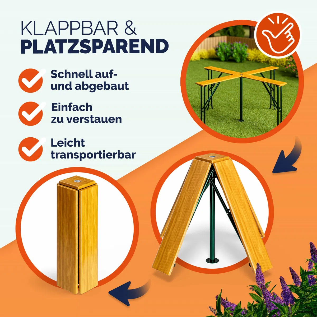 Deuba Tavolo Quattro XXL Alto Set Birreria 20 Persone con Supporto Ombrellone Pieghevole Legno Fiere