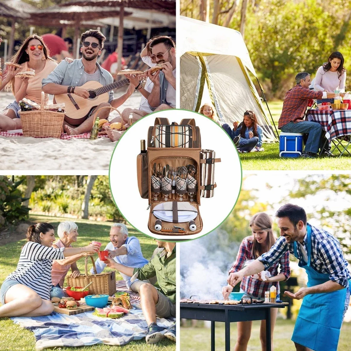 Zaino da picnic per 4 persone con scomparto refrigerante, portabottiglie staccabile, coperta in pile, set di piatti e posate