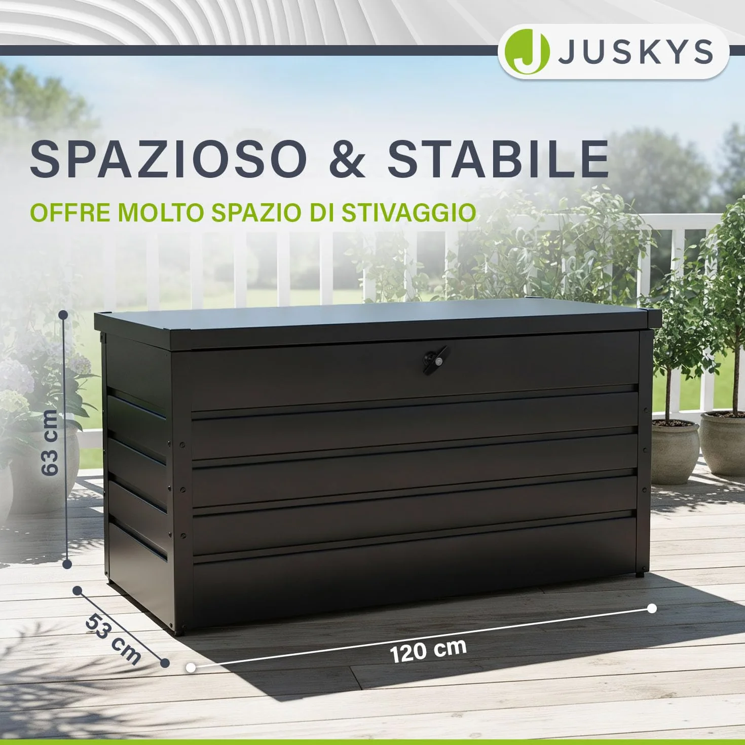 Juskys box di stoccaggio in metallo Limani 380 L – per esterni, impermeabile e chiudibile a chiave – contenitore da giardino per cuscini – antracite