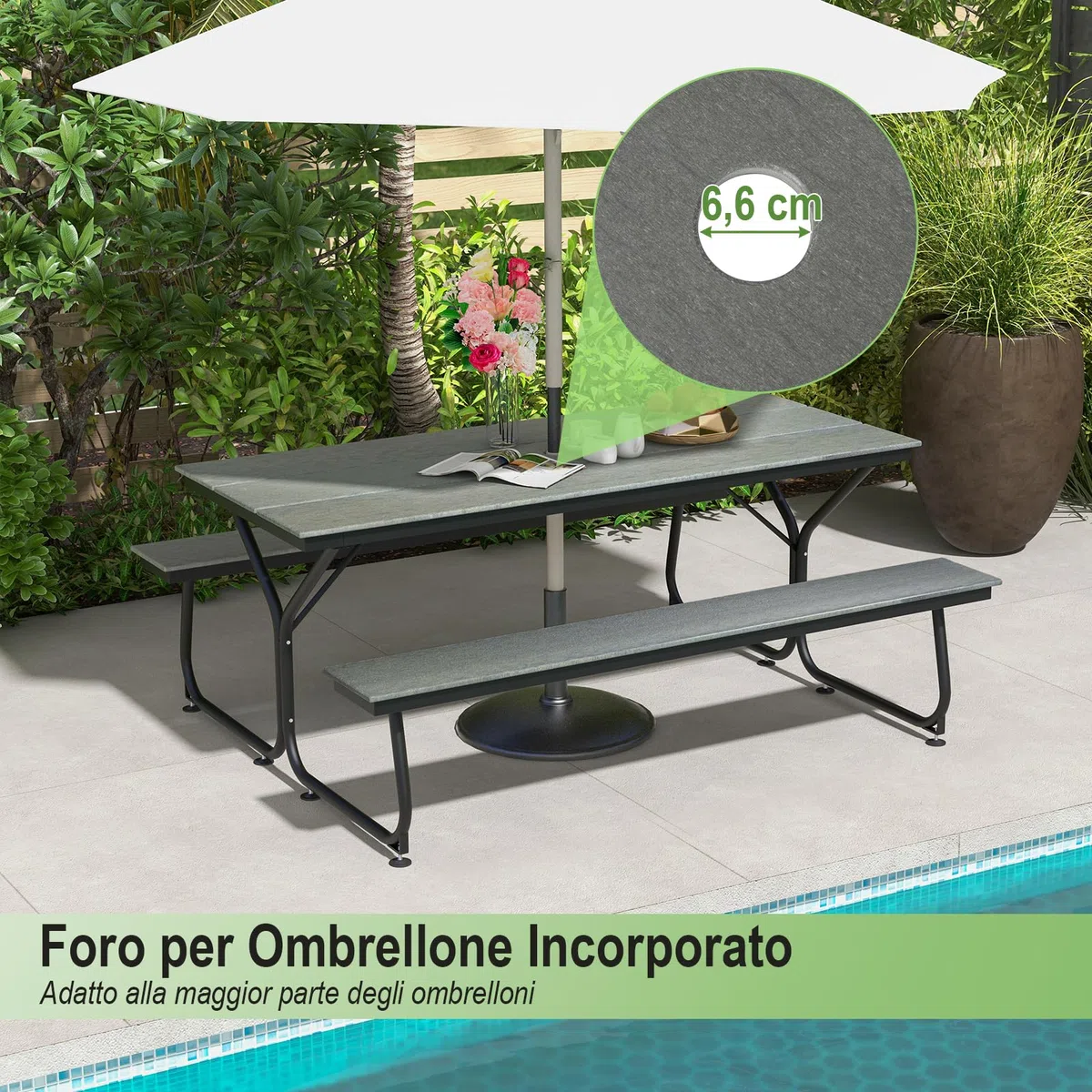 COSTWAY Tavolo da Pranzo 183 CM con 2 Panche per 8 Persone, Set da Picnic in Metallo e HDPE con Foro per Ombrellone, per Giardino Terrazzo (Grigio)