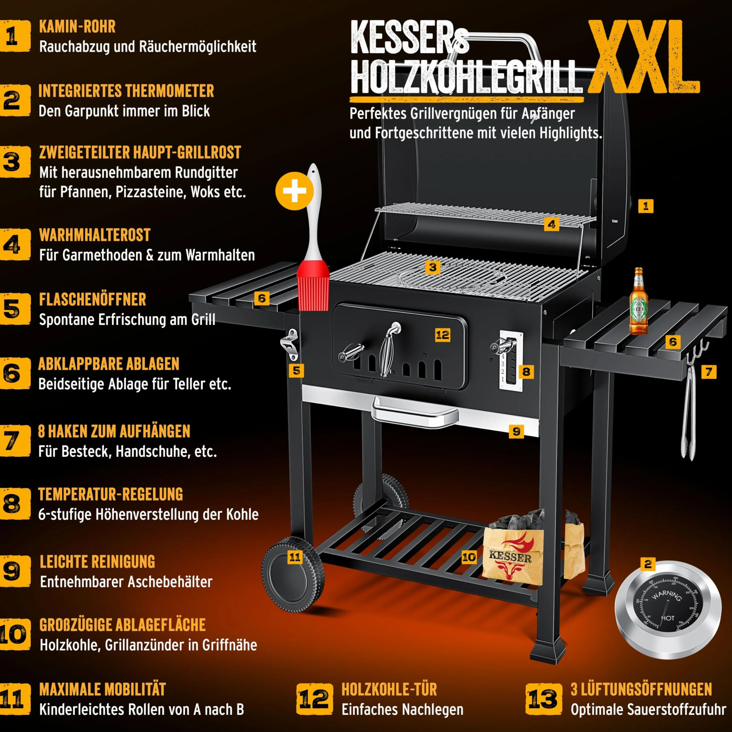 KESSER® Barbecue a carbonella XXL con Carrello, Coperchio, Acciaio Inox, Griglia e Termometro