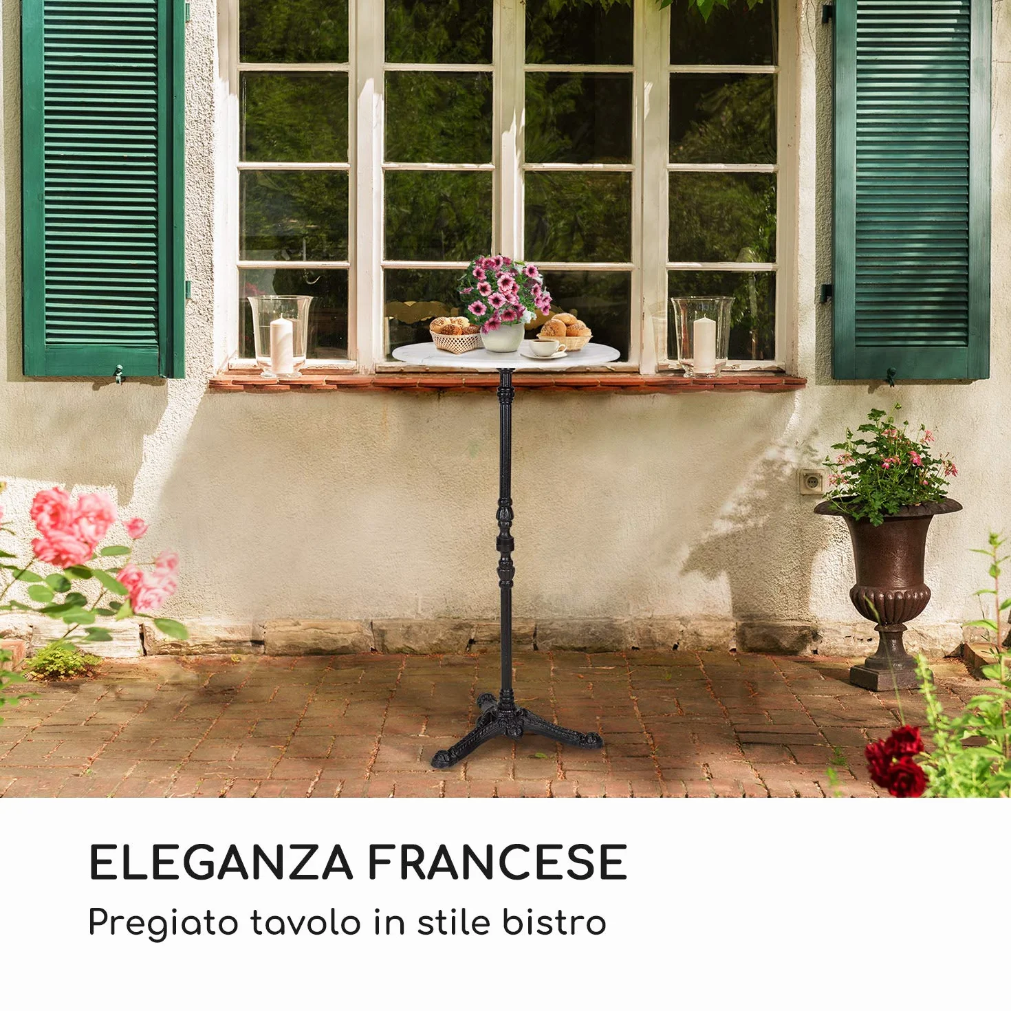 blumfeldt Patras - Tavolino da Bar con Bordo Decorativo, Tavolo da Esterno, Tondo, Base in Ghisa, Interni ed Esterni, Impermeabile, Resistente al Gelo, Ø 60 cm, Altezza 110 cm, Bianco