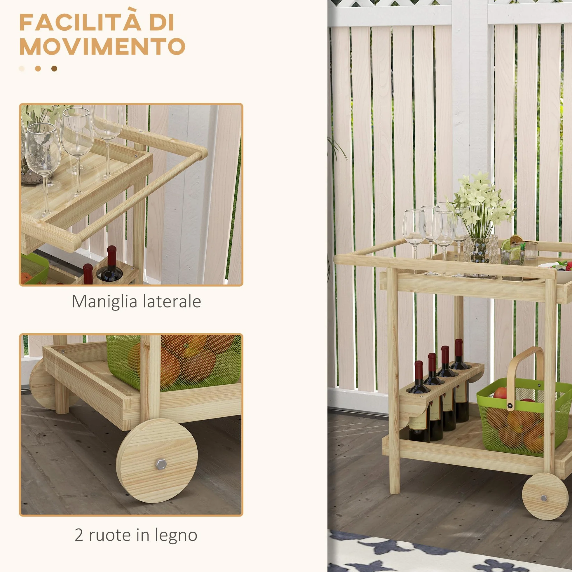 Outsunny Carrello da Giardino in Legno di Abete a 2 Ripiani, 78x58.5x75 cm