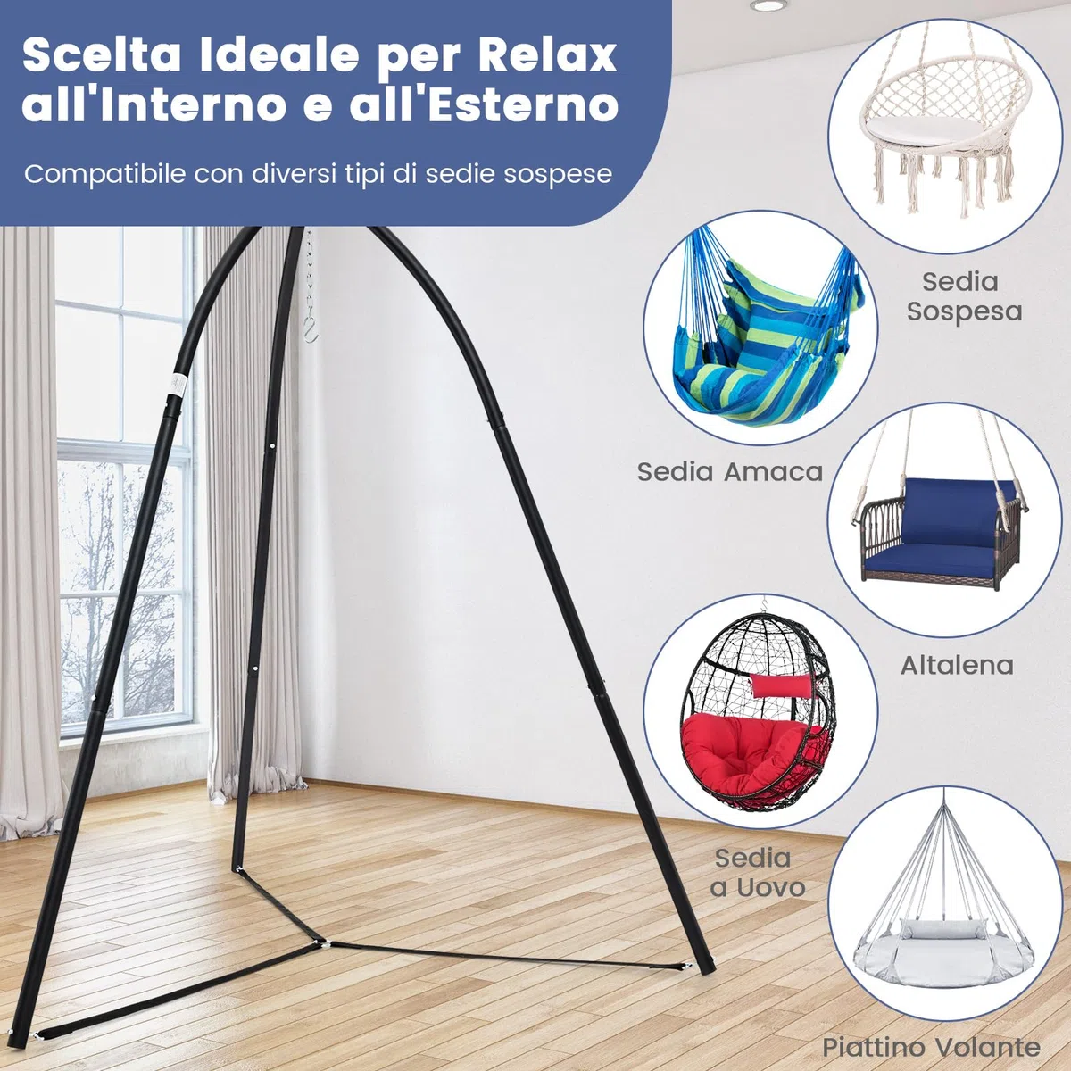 COSTWAY Supporto per Sedia Sospesa, Supporto per Sedia Altalena in Metallo con Catena Sospesa, Supporto per Altalena a Triangolo, Portata 200 kg, per Patio, Giardino