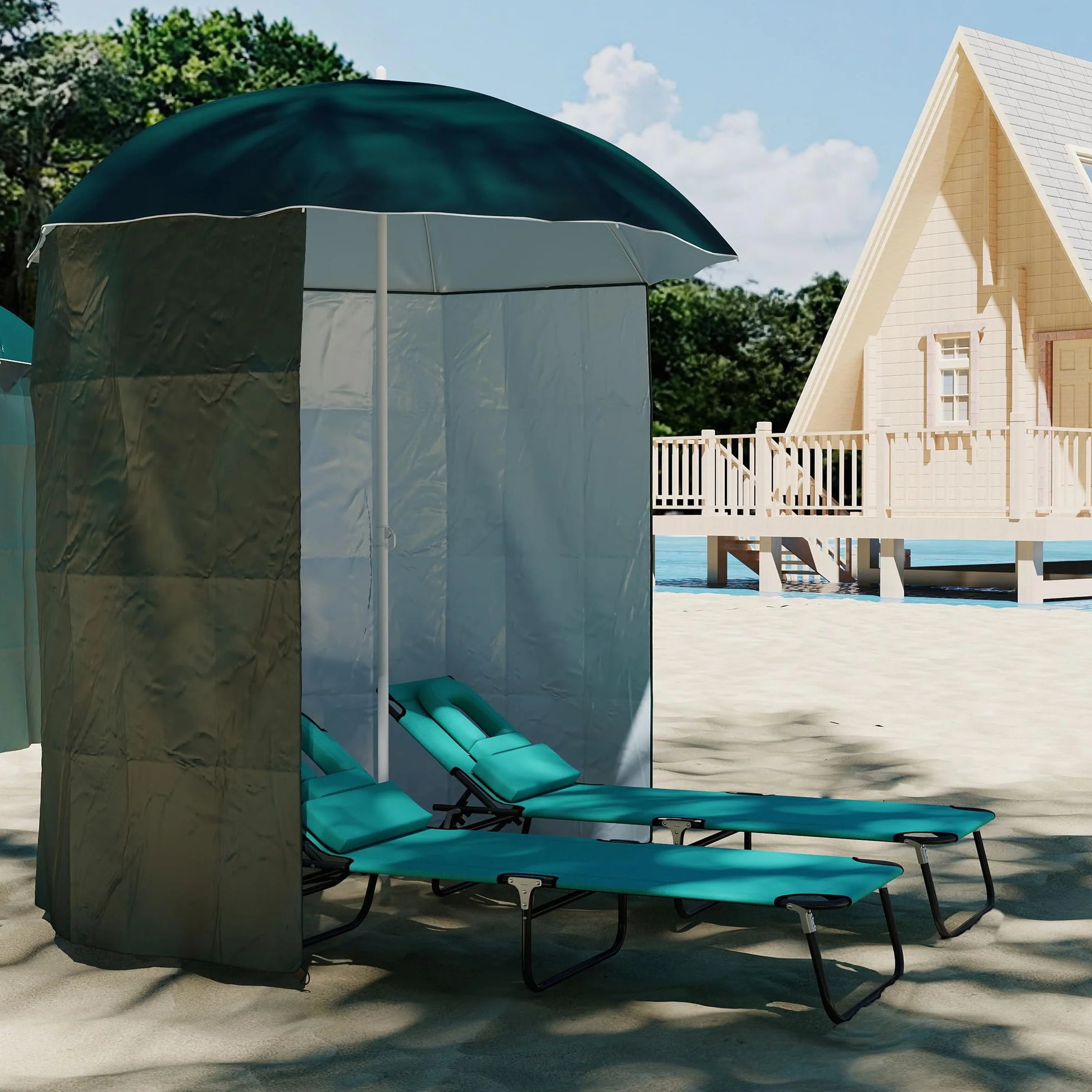 Outsunny Ombrellone da Spiaggia Ø2.2x2.2 m con Tendina Laterale, Sacchi per Sabbia e Picchetti