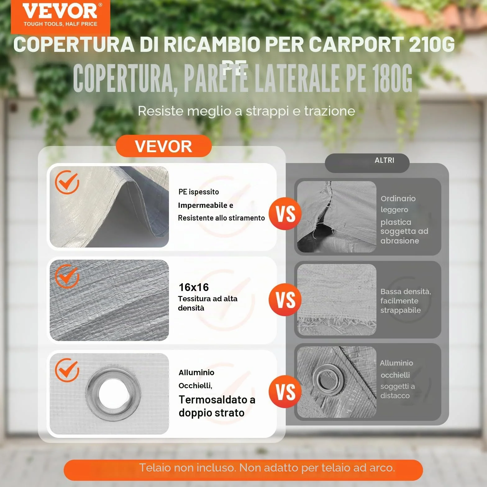 VEVOR Tendalino di ricambio per posto auto coperto parete laterale 10x20ft, impermeabile e protetto dai raggi UV, bianco (telaio non incluso)