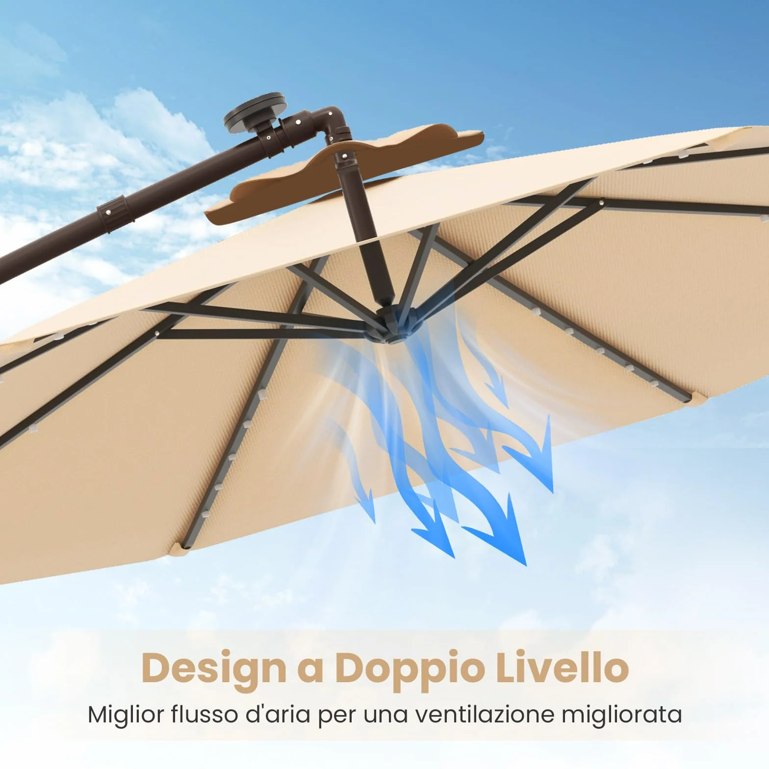 COSTWAY Ombrellone da Giardino 300 cm, Luci LED Solari, Anti-UV, Inclinazione Regolabile, Manovella, Beige