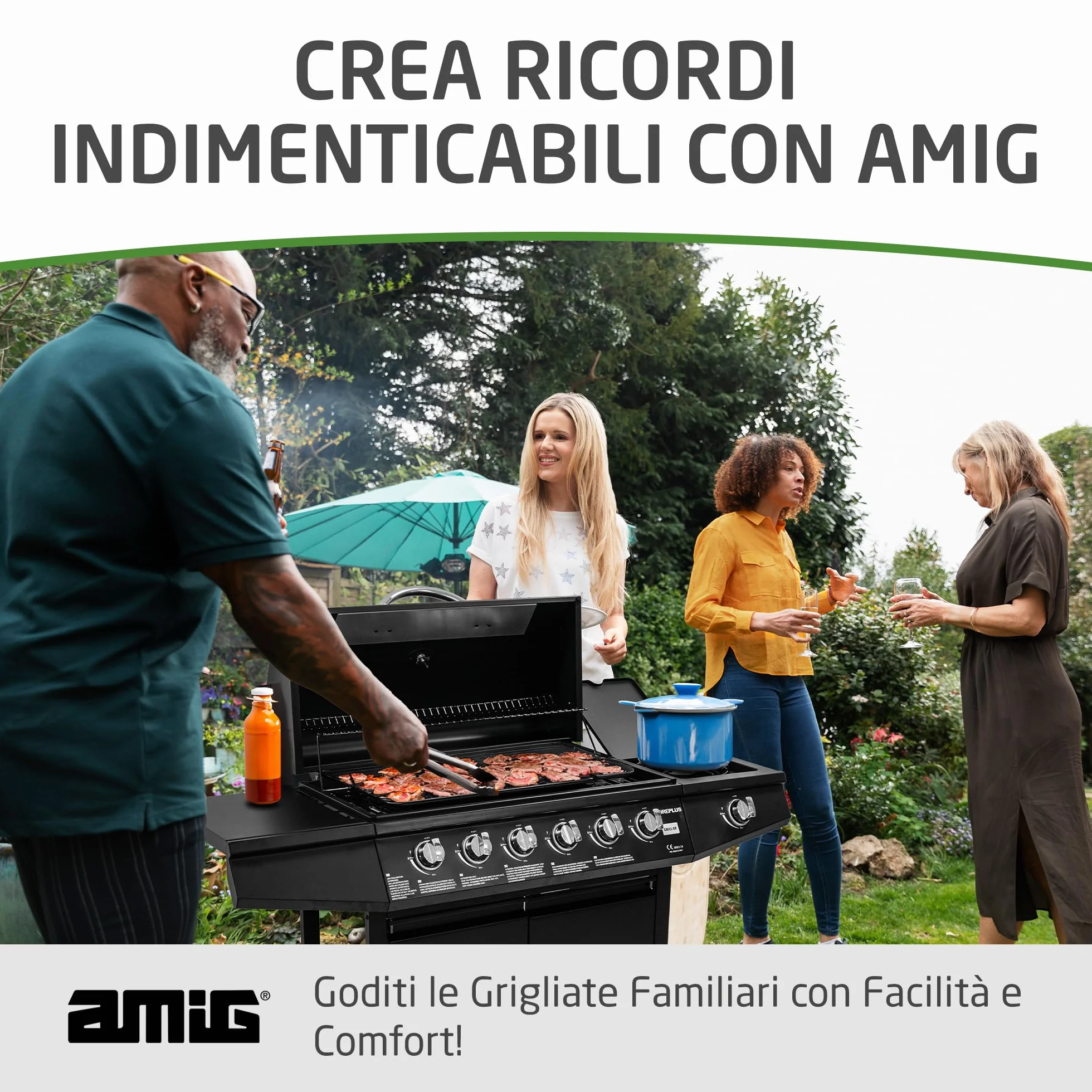 Barbecue a gas Fireplus 6+1 12,9 kW Acciaio inox nero GRILL-6F 7 bruciatori 138x52x103 cm