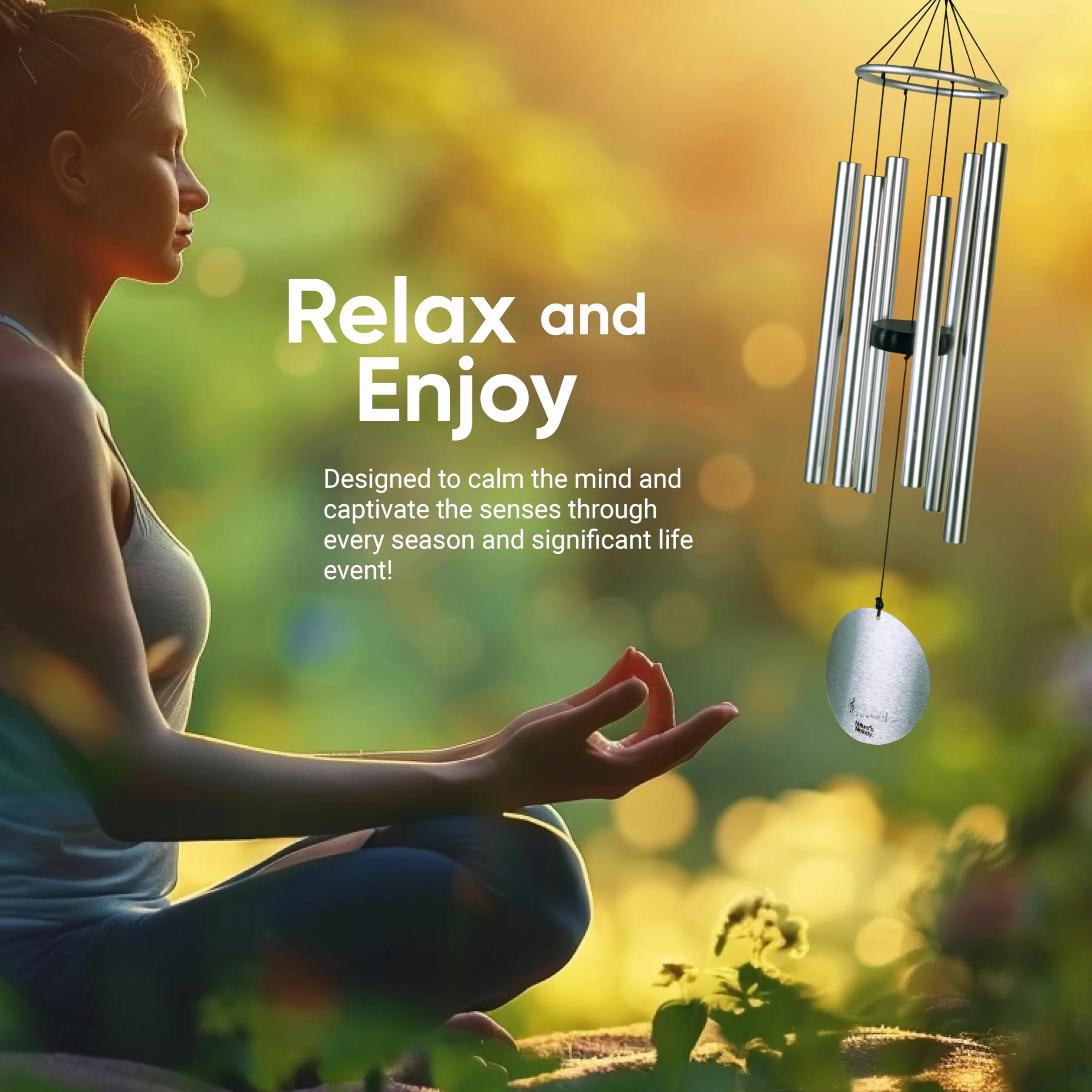 Nature's Melody Aureole Tunes - Campane a vento da esterno con 6 tubi sintonizzati su scala pentatonica Si, 100% alluminio antiruggine, finitura a polvere e gancio a S per appenderlo, regalo