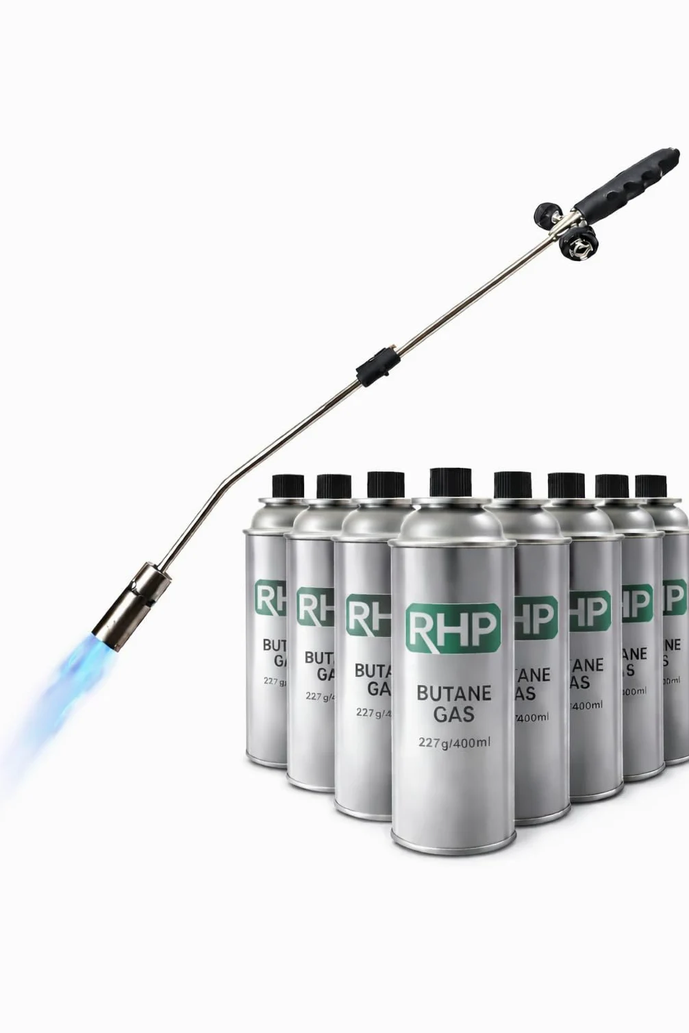 Bruciatore di erbacce RHP 80 cm a gas con accensione piezoelettrica, fiamma regolabile, incluse 8 cartucce da 227 g