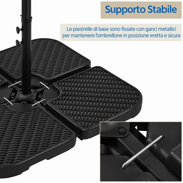 Yaheetech Base per Ombrellone Set 4 Pezzi Pesante Riempibile con Sabbia o Acqua 60L in HDPE con 4 Connettori Motivi di Rattan per Esterno Giardino Terrazza Nero