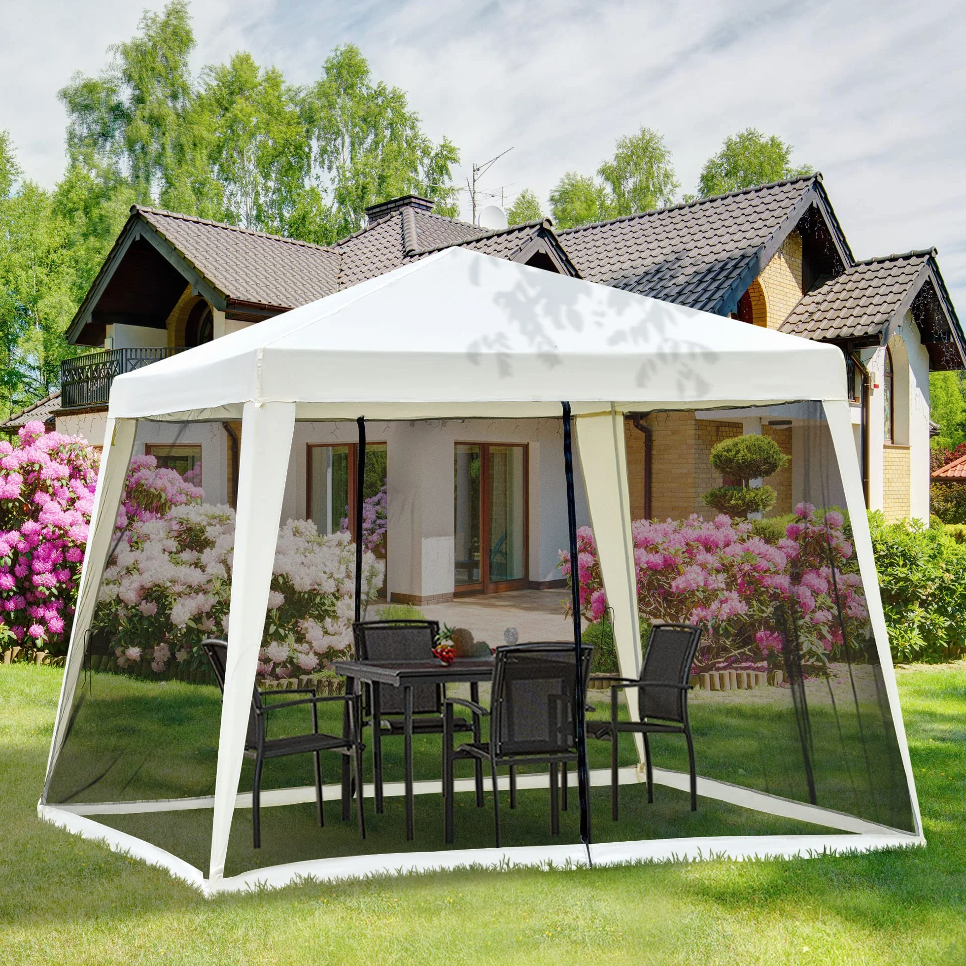 Outsunny Gazebo Impermeabile con Zanzariere 3 x 3 x 2.45 m Beige Poliestere