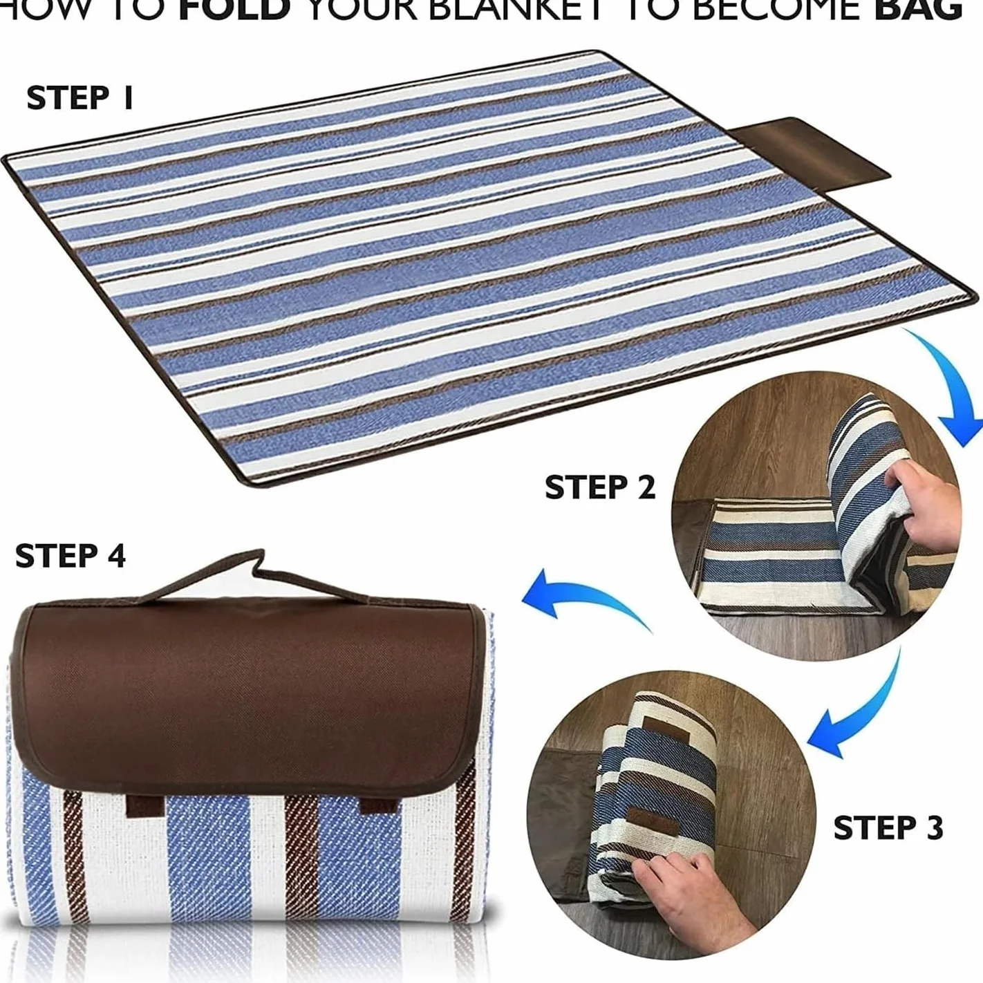 Coperte da Picnic Pieghevoli Impermeabili Anti-Sabbia Extra Large 200cm x 200cm Blu Bianco